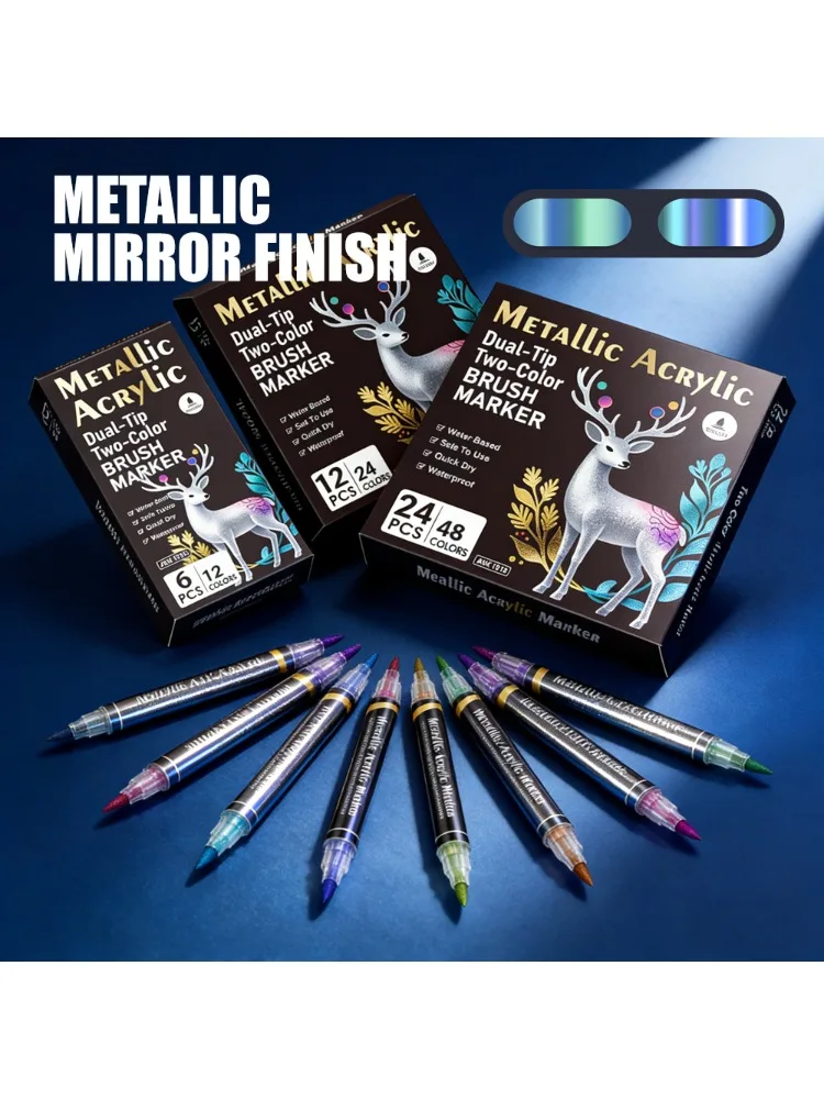 Zestaw markerów akrylowych metalicznych dwustronnych, dwukolorowych, wodoodpornych, szybkoschnących, do kolorowania, tworzenia grafiki DIY, do biura i szkoły, 6/12/24 szt. — zdjęcie produktu 7