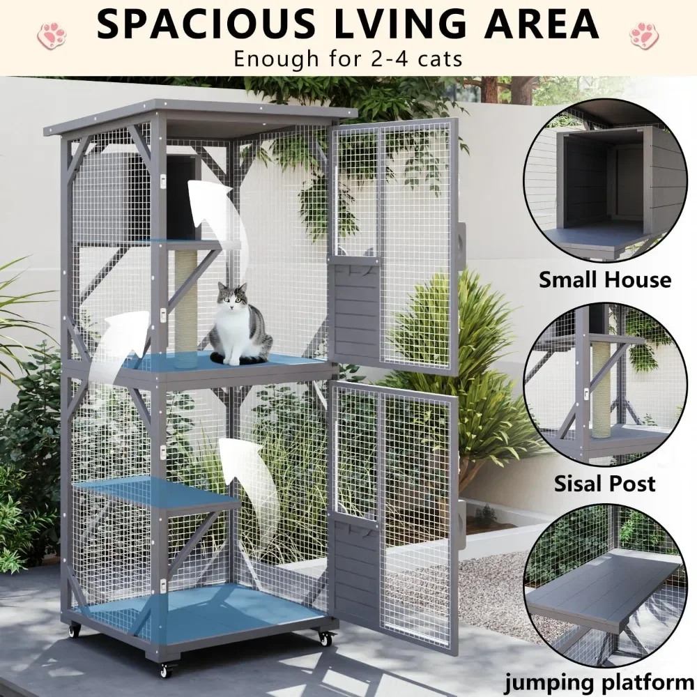 

71 Cat House Outdoor Catio Cat Enclosures on Wheels, Large Outside Patio Wooden Cat Cage Resting Box,Scratching Post