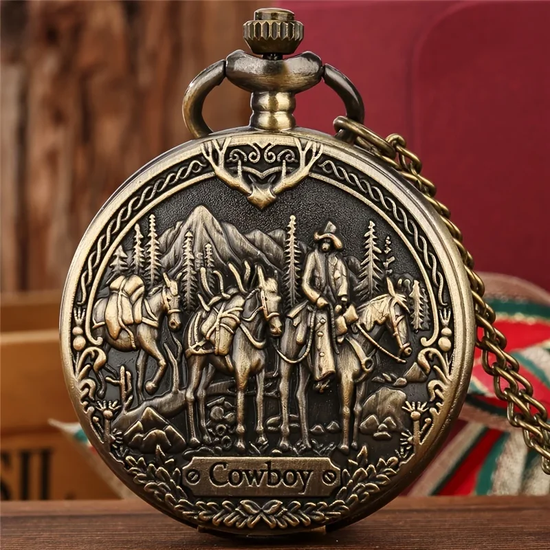 Retro Bronze Unique Design Vintage COWBOY Necklace Quartz Pocket Watch Cool Clock Gift for Men Women Vintage Watches