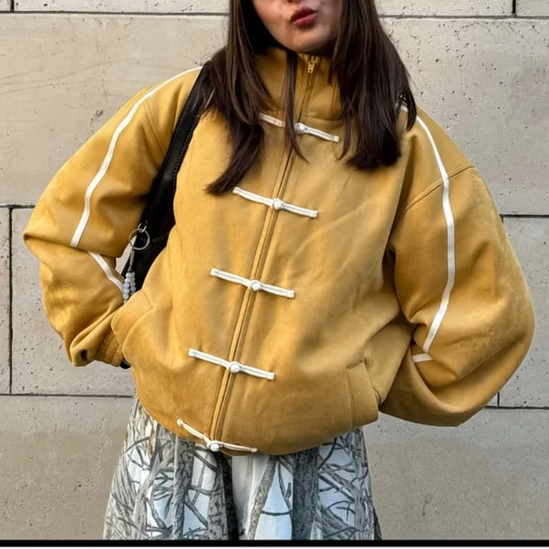 Winter Fall Women Frog Button Jacket Y2k Vintage Zip Up Sweatshirt Funnel Neck Bomber Jacket Preppy Streetwear