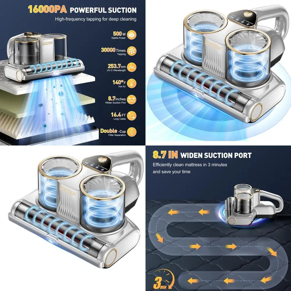 16kPa UV-C Light Vacuum Cleaner with 140℉ Heating, Dual Cup & Wide Suction for Beds, Sofas, Cribs (500W, Corded)