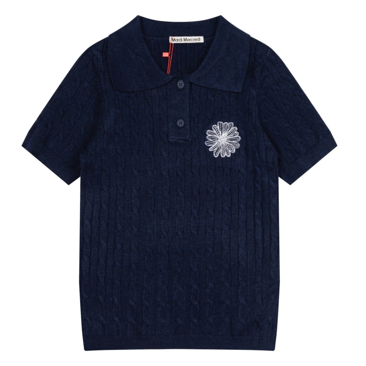 Mardi Mercredi Women Short Sleeve Cable Knit Polo Sweater Daisy Embroidered Chest Detail Collared Top Spring Autumn Fashion Chic
