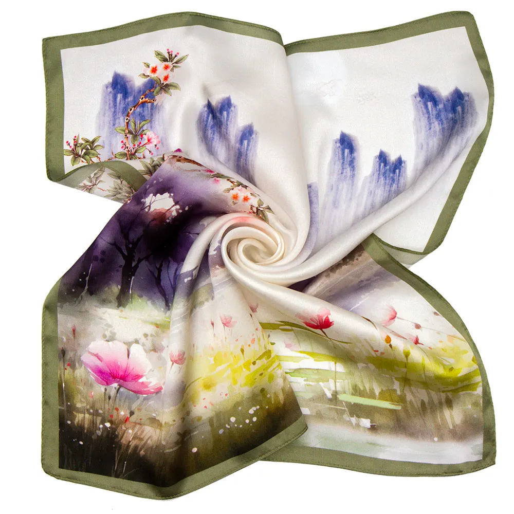 53 センチメートル 100% リアルシルク女性のスカーフスカーフエレガントな正方形ブランド高級バンダナギフト子供のための中国の水墨画