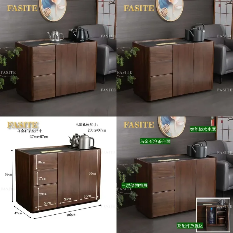 For Solid Wood Ebony Tea Cabinet Mobile Tea Table with Wheels Large Size Kettle Integrated Brewing Station Simple Modern