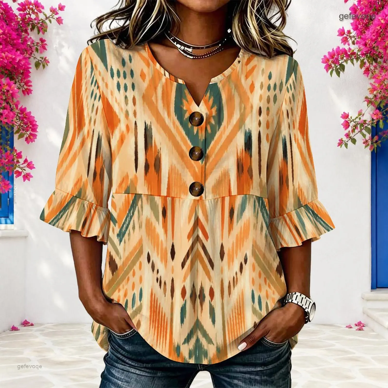 Women Ikat Geometric Printed Orange Teal Beige Notch Neck 3/4 Ruffle Sleeve Button Front Blouse