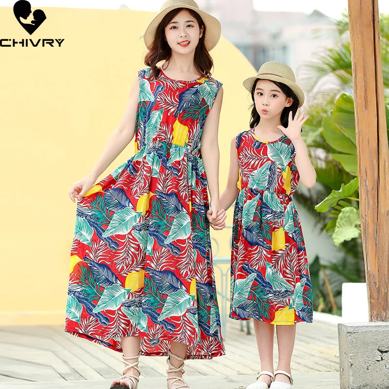 New Mother Daughter Summer Dresses Sleeveless Floral Flower Print Sundress Mom Mommy and Me Beach Dress Family Matching Outfits