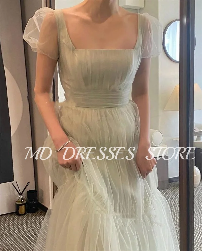 MD A-line Fairy Mint Green Wedding Dresses Puff Short Sleeves Bride Gowns Korea Tiered Photoshoot Square Neck Customized 2025