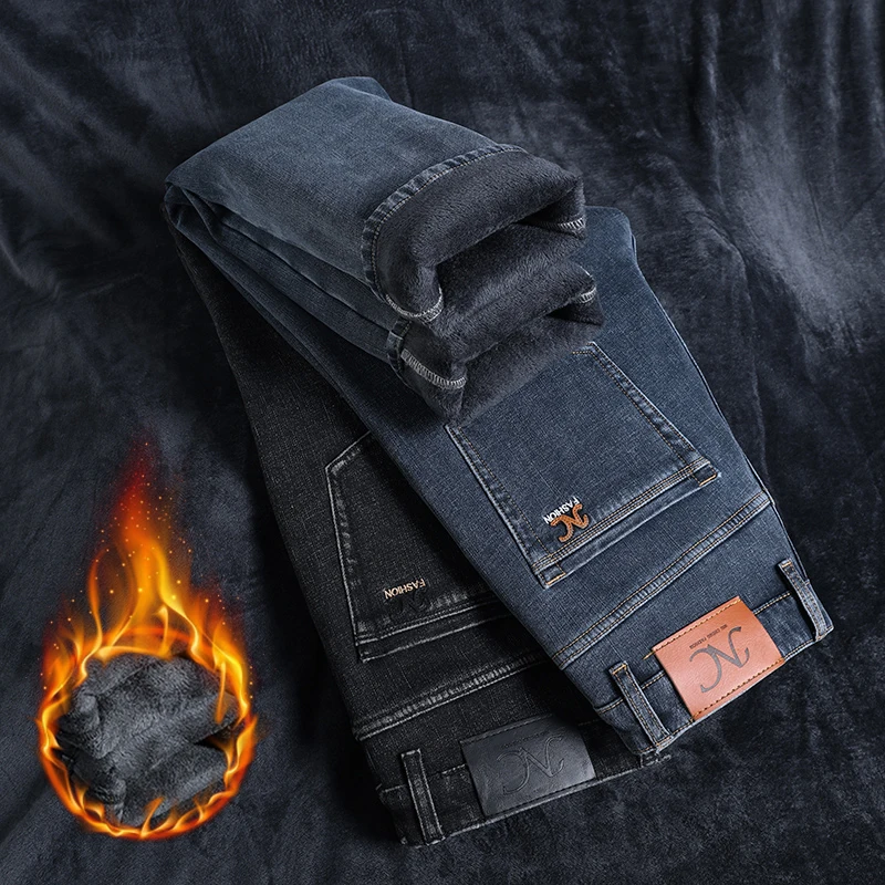 

2025 Winter New Men's Fleece Jeans Warm Stretch Plush Denim Pants Thickened Velvet Fitted Straight Leg Thermal Business Trousers