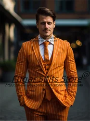 Abiti da sposa a righe arancioni alla moda per smoking da sposo con risvolto dentellato su misura 3 pezzi set blazer maschili da lavoro Ropa Hombre