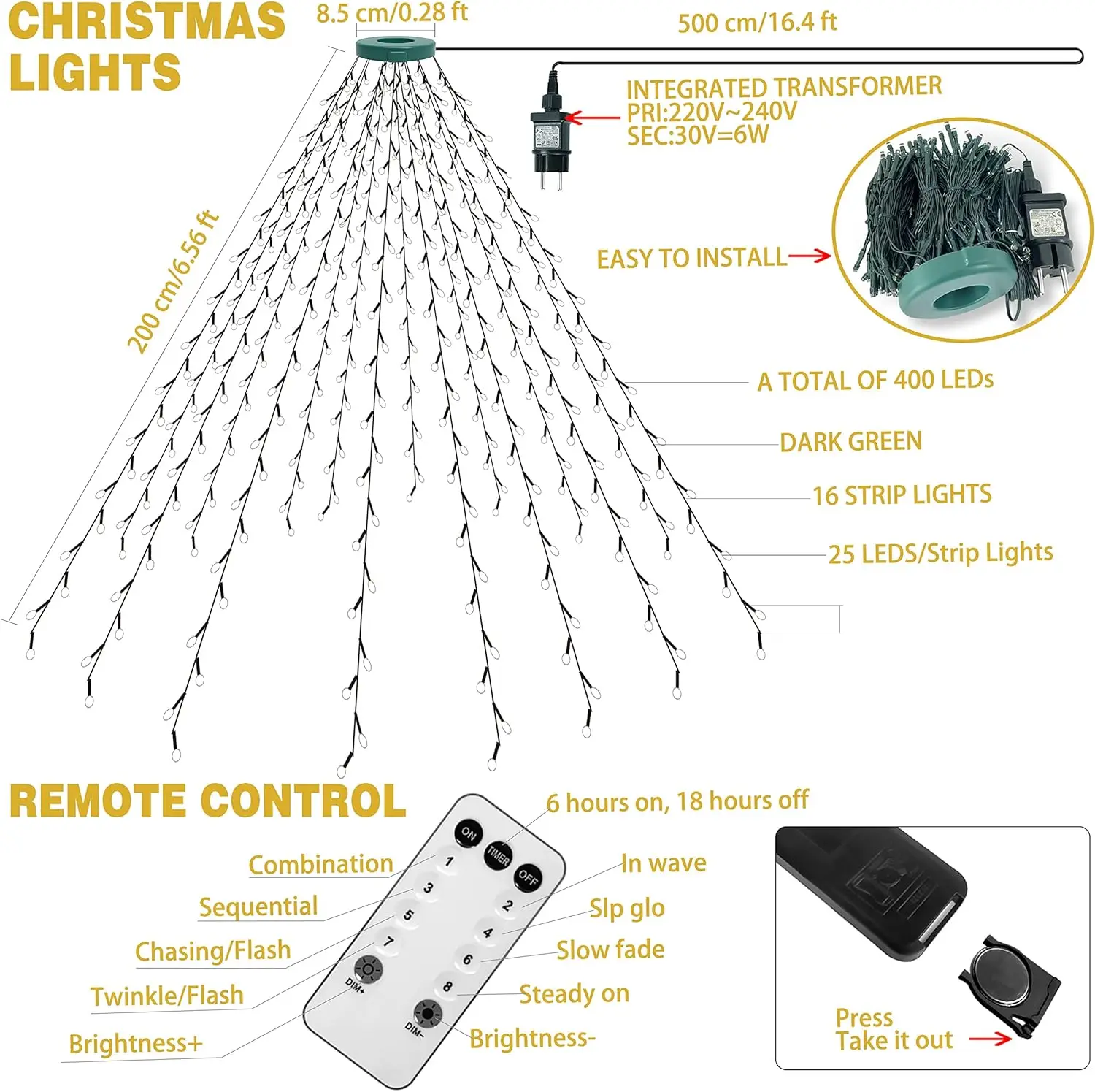 LED Christmas Waterfall String Light Christmas Tree Indoor Outdoor Garland Decoration Solar / USB Lamp for Garden Party Wedding