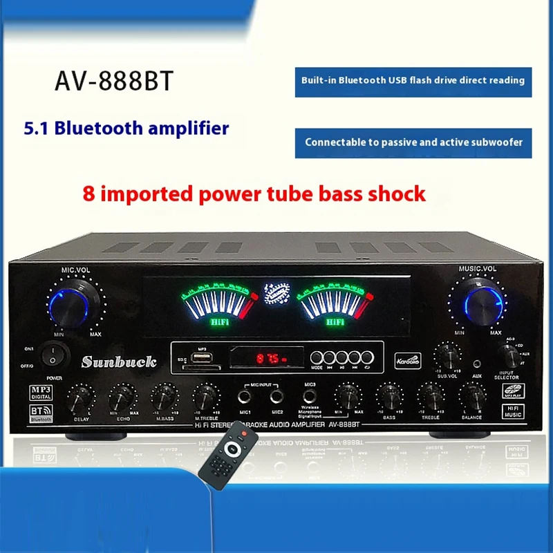 เครื่องขยายเสียงดิจิตอลบลูทูธหน้าจอแบบไดนามิก AV-888BT แอมป์เสียงสเตอริโอไฮไฟสำหรับบ้านรถยนต์การประชุมคาราโอเกะสูงสุด4000วัตต์