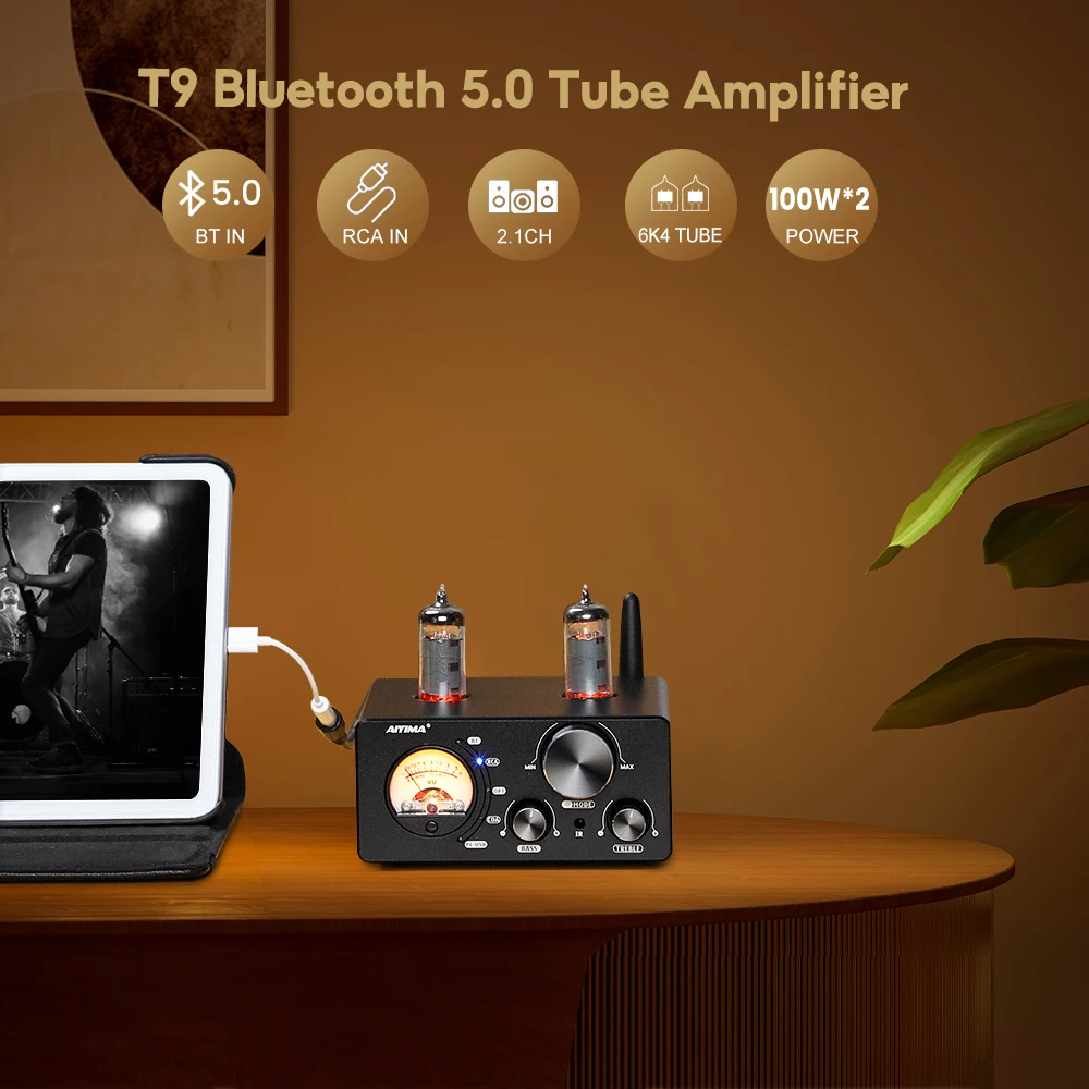 AIYIMA T9 HiFi Bluetooth 5.0 真空管アンプ USB DAC ステレオアンプ COAX OPT ホームオーディオ パワーアンプ VUメーター 100W