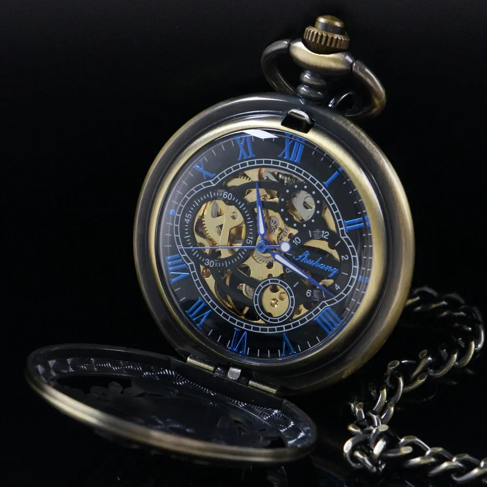 Hollow Half Hunter Mechanical Pocket Watch Cool Antique Pendant Manual Mechanism Pocket Clock Gift Male PJX1752