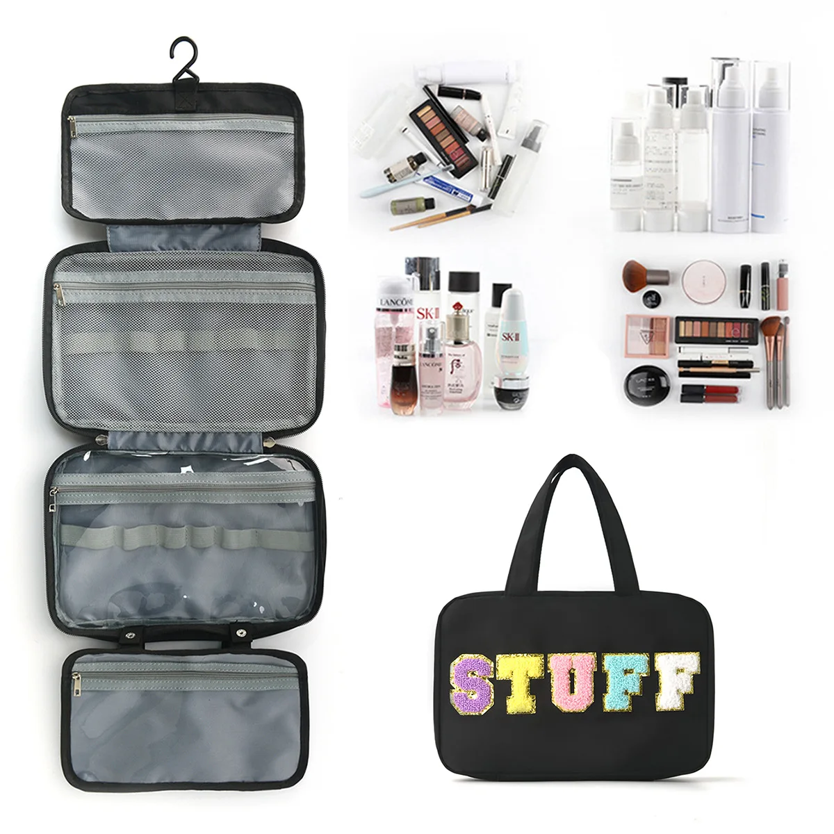 

Four-fold dry-wet separation toiletry bag, hanging one-piece storage, large-capacity hook portable makeup bag