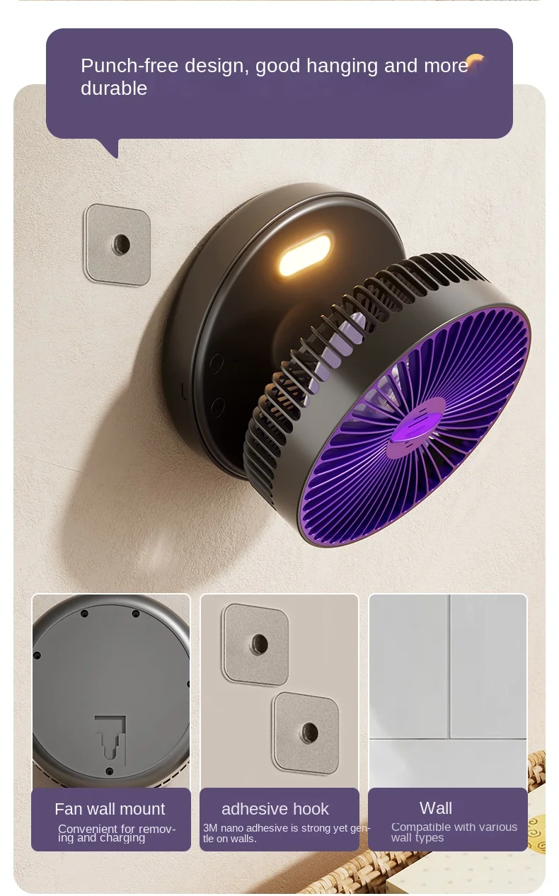 5000 mAh faltbarer, im Dunkeln leuchtender Ventilator zur Wandmontage, tragbarer, leiser Hochgeschwindigkeits-Luftzirkulationsventilator für Studenten, Büro-Schreibtischventilator – Detail 15