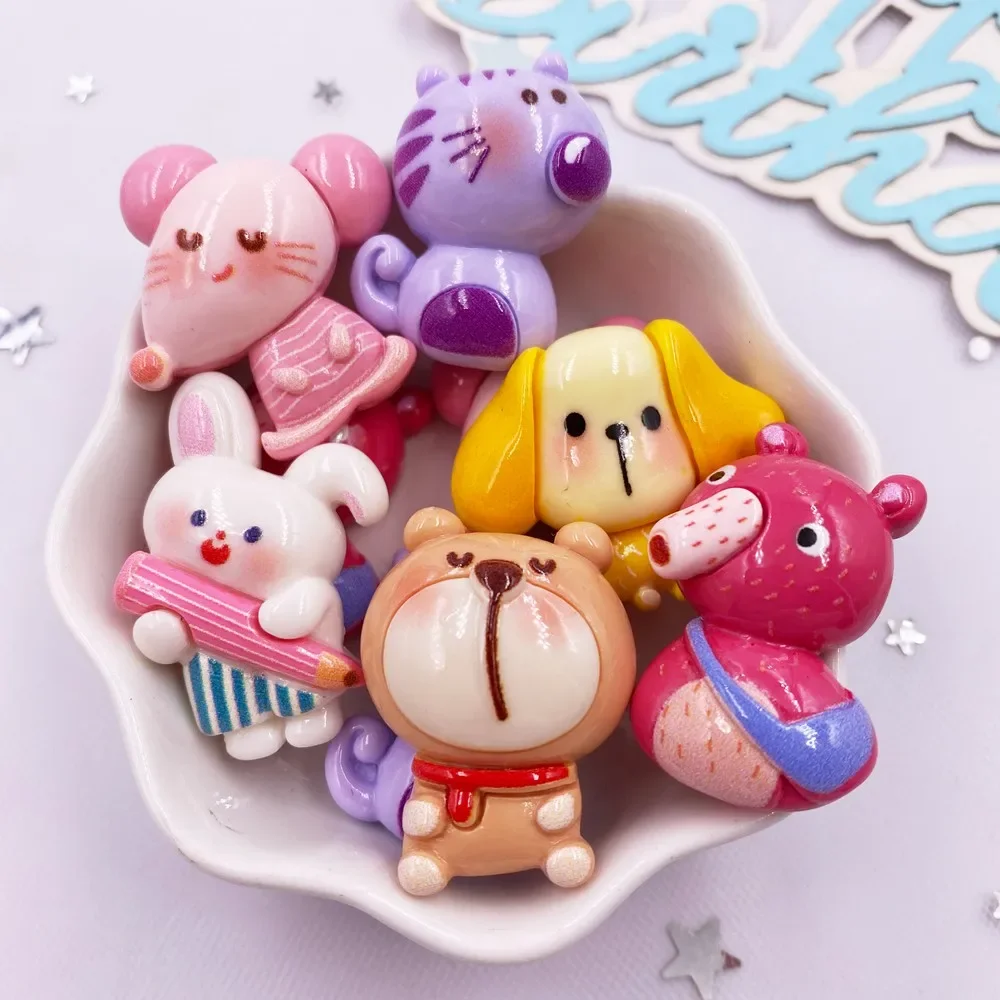 Resina Colorida Kawaii Bow Decor Acessórios, DIY Scrapbook Artesanato, Urso, Coelho, Gatos, Rato, Cão, Coala, Costas Planas, Estatuetas de Pedra, 6Pcs