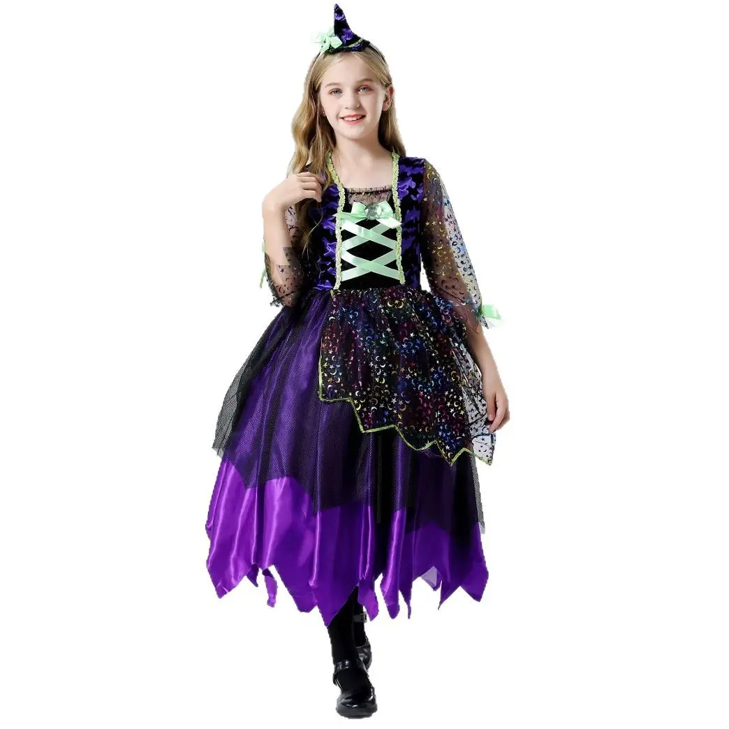Halloween Witch Costume Dress for Girls Purple Princess Cosplay Outfit Party Stage Performance Wear Headwear 2025