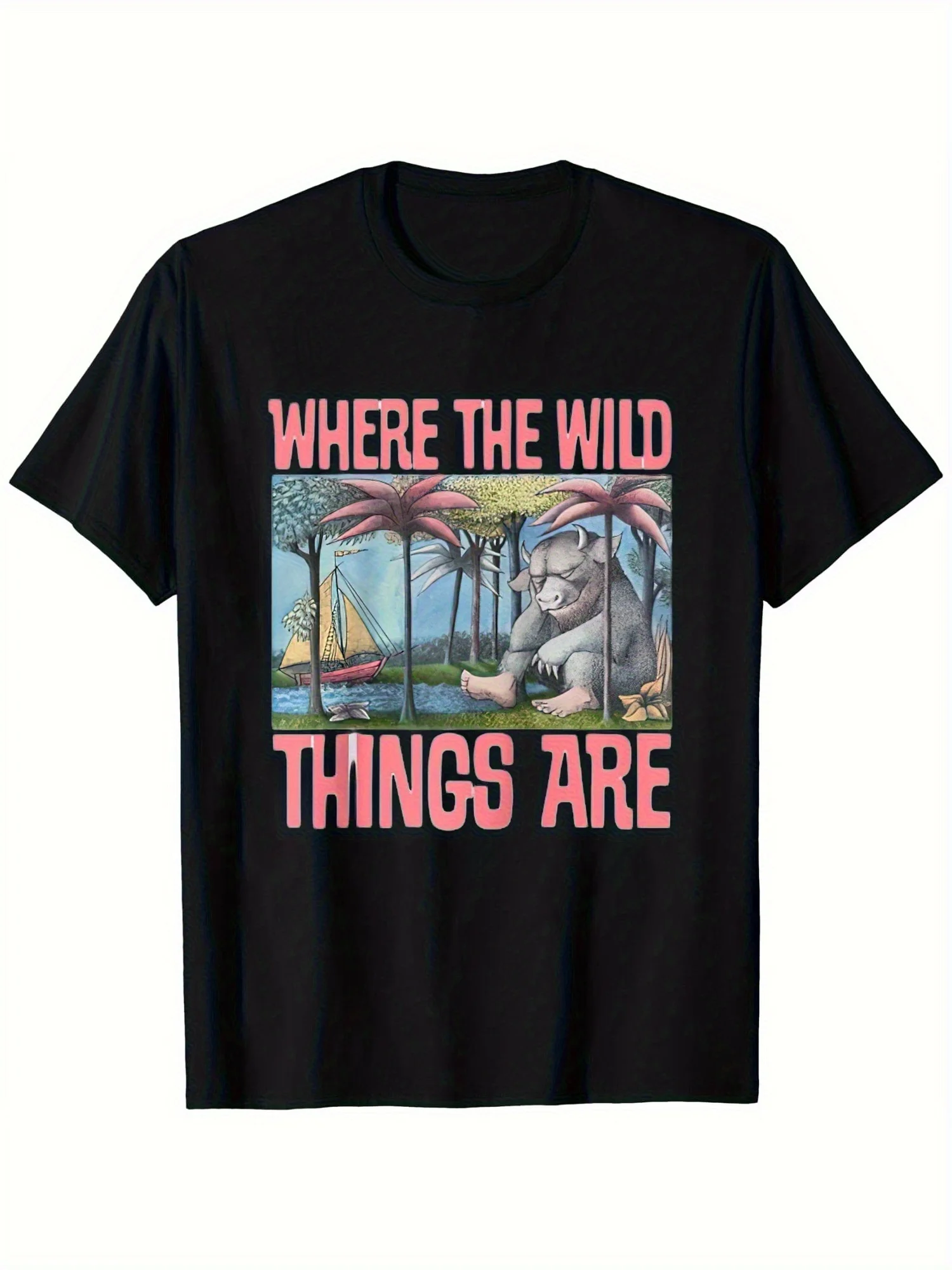 تي شيرت نسائي قطني برقبة دائرية، تي شيرت كاجوال من القماش المحبوك بأكمام قصيرة، مقاس عادي، مع طباعة "أين الأشياء البرية". #2