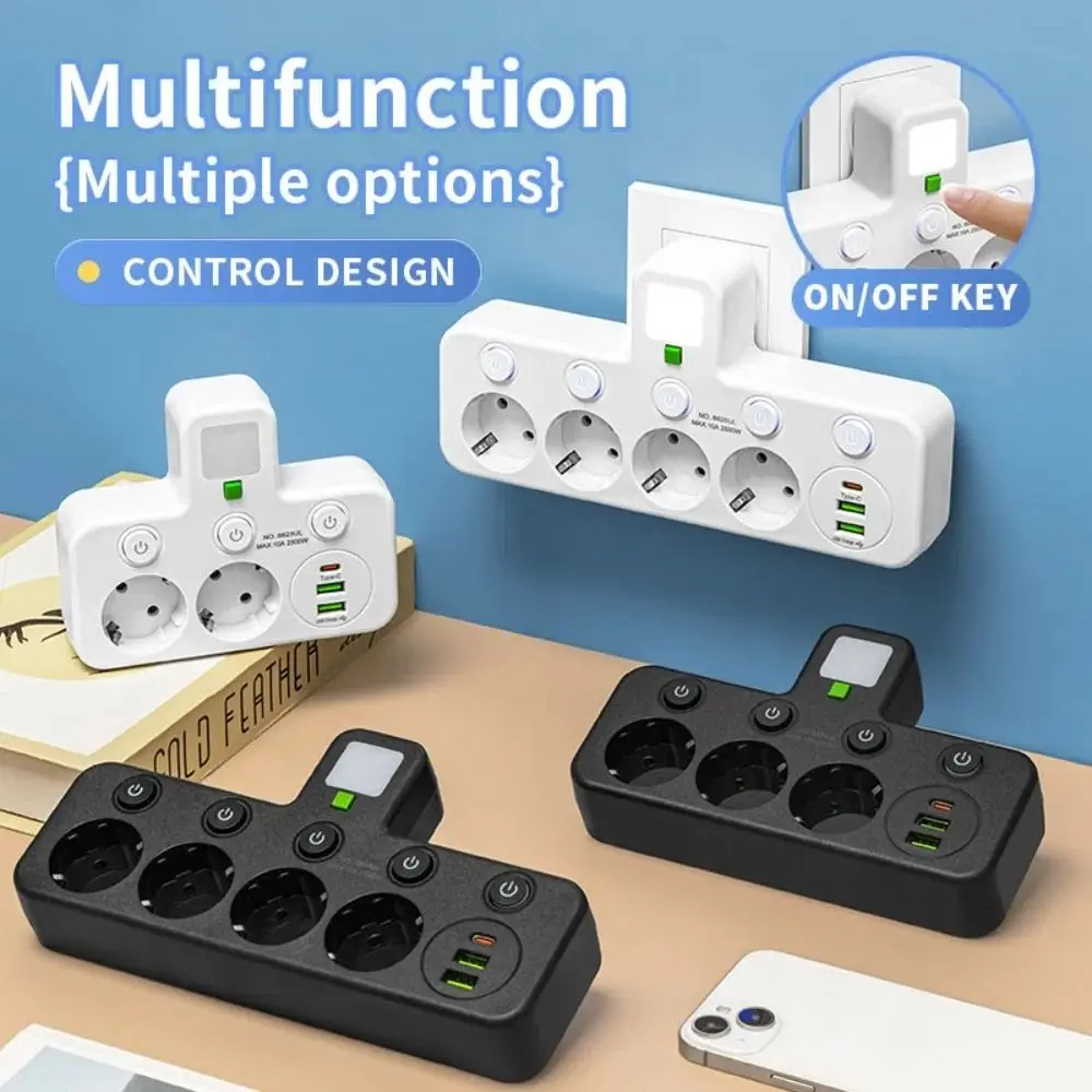 

Durable 4 Plugs EU Plug Outlet Type-C Ports Universal Wall Power Socket Wall Mounted Socket Adapter Home Offices