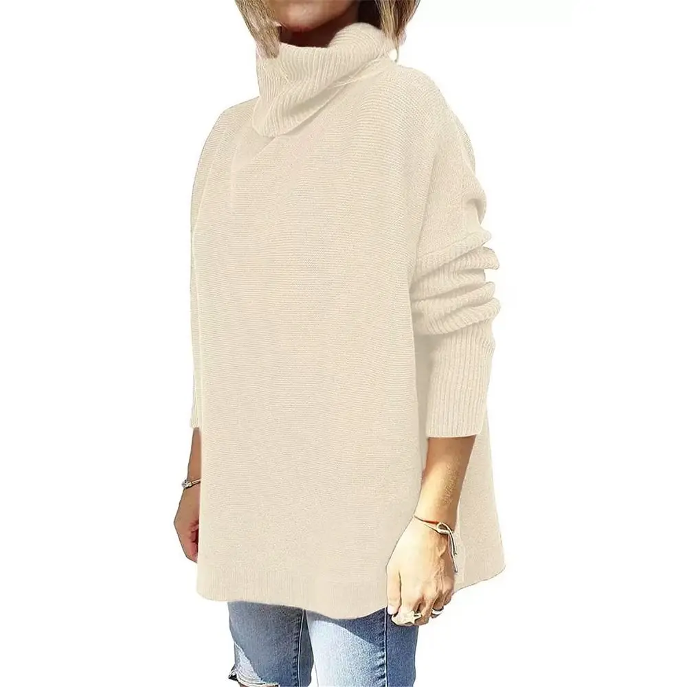 Turtleneck Sweater Mid Length Doll Sleeve Hem Tunic Pullover Knit Women Winter Warm Fashion