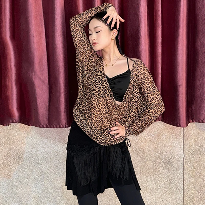 Leopardo Ballo latino Top Gonna con nappa nera Donna Abbigliamento da pratica sexy Rumba Costume da ballo Club Abbigliamento da prestazione latino NV22318