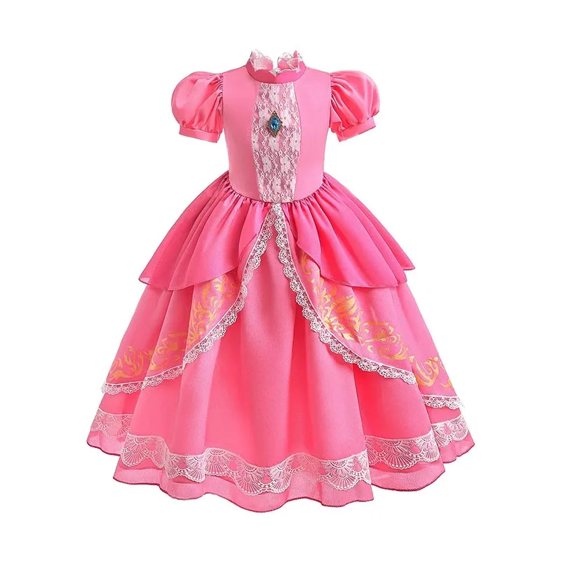 Peach Kids Mädchen Elegantes Rosafarbenes Kleid mit Spitze, Ausgefallenen Puffärmeln, Prinzessinnenkleid-Version, Patchwork-Kinderkostüm – Detail 3