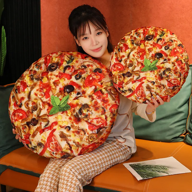

40/60cm Pizza Food Plush Pillow Stuffed Like Real Round Snack Cushion Shell with Zipper Ham Bacon Green Union Beef Tomato Decor