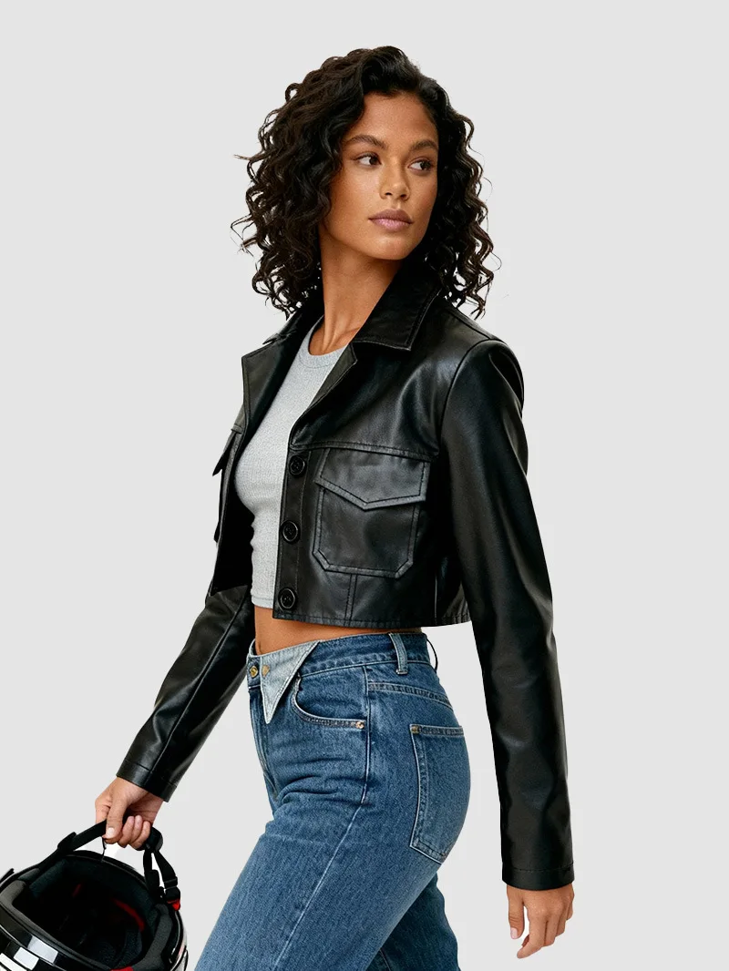 Veste courte noire en cuir contrasté pour moto, veste en cuir patchwork avec fermeture éclair pour femme, veste d'hiver tendance pour femme