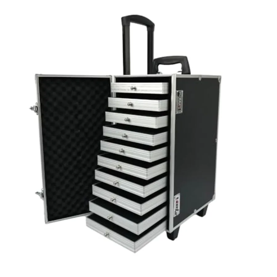 

Передвижной кейс-тележка для ювелирных изделий с выдвижными ящиками, прочный кейс для путешествий и выставок, органайзер для демонстрации ювелирных наборов, черный