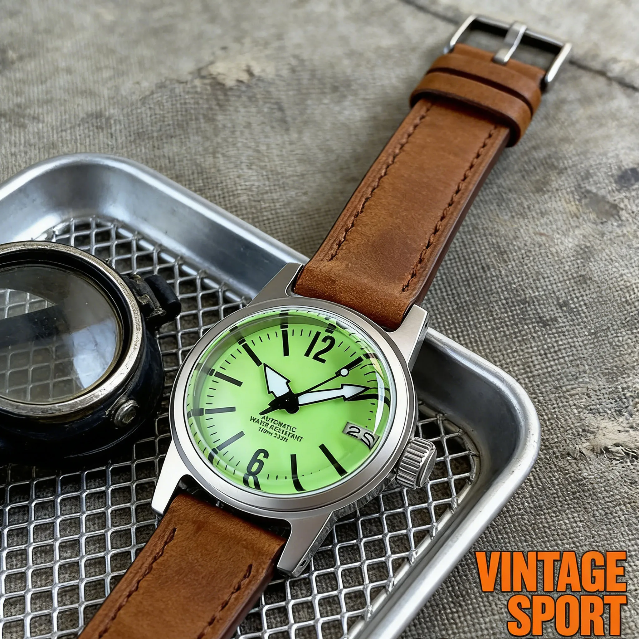 

Full Green Lume Tandorio Military 36mm Retro Sapphire Glass 100m Waterproof NH35A Automatic Movement With Date Men Watch Leather