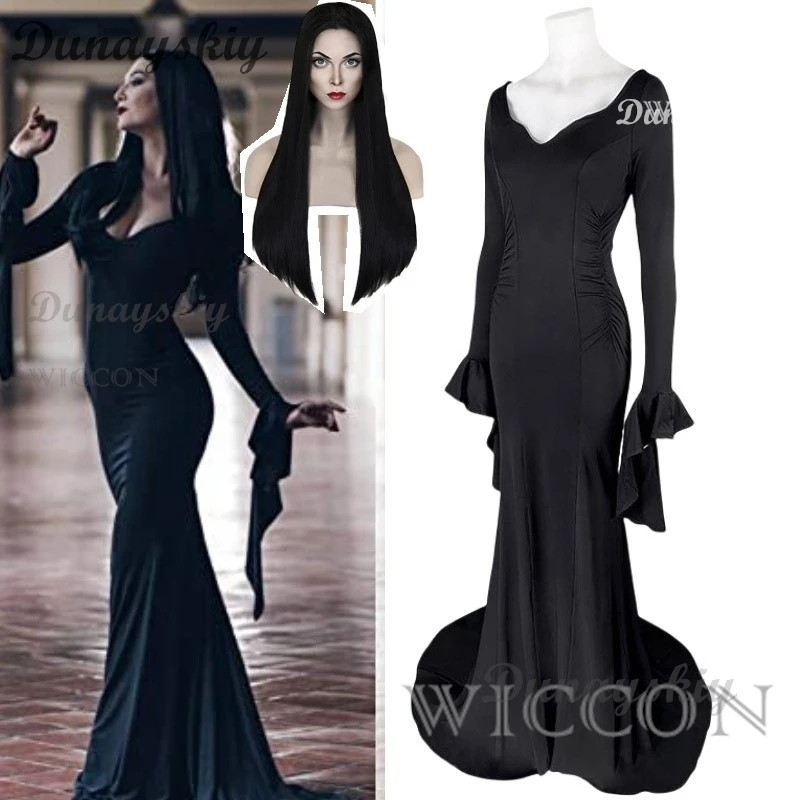 Wednesday Morticia Addams Cosplay Costume Halloween Sexy Dress Wig  Adult Women Punk Gothic Witch Lace Up Slim Gown Dress XXXL