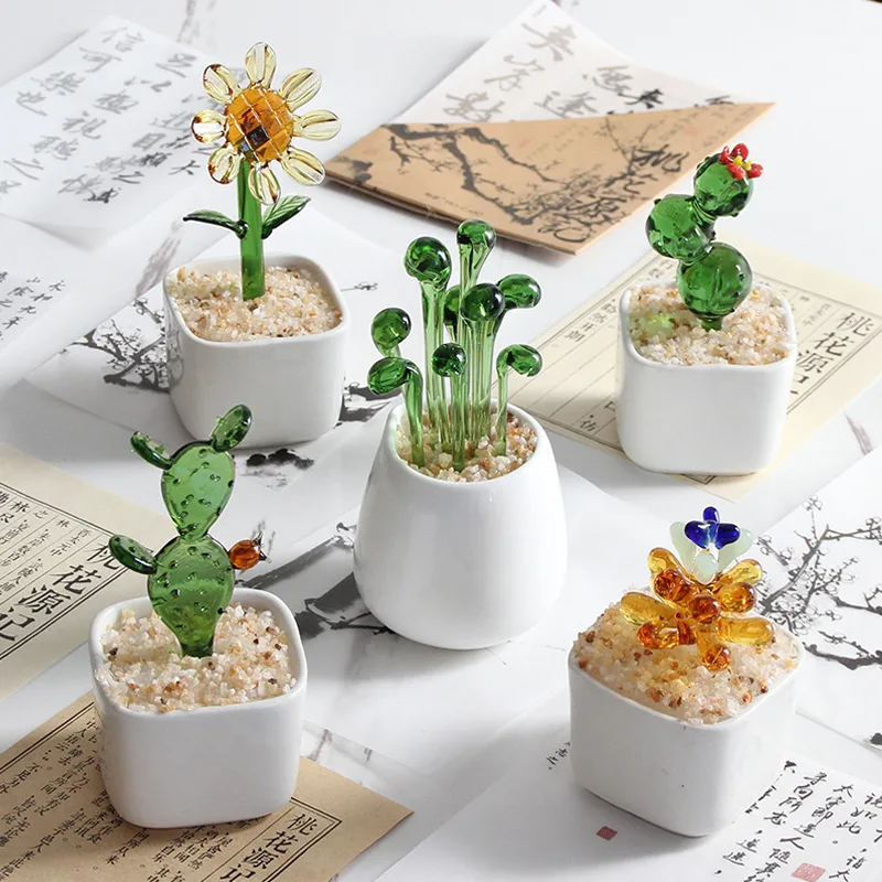 Creative Glass Ornaments Simulation Succulent Cactus Bean Sprouts Potted Plants Office Desks Home Decor Glass Crafts Gifts