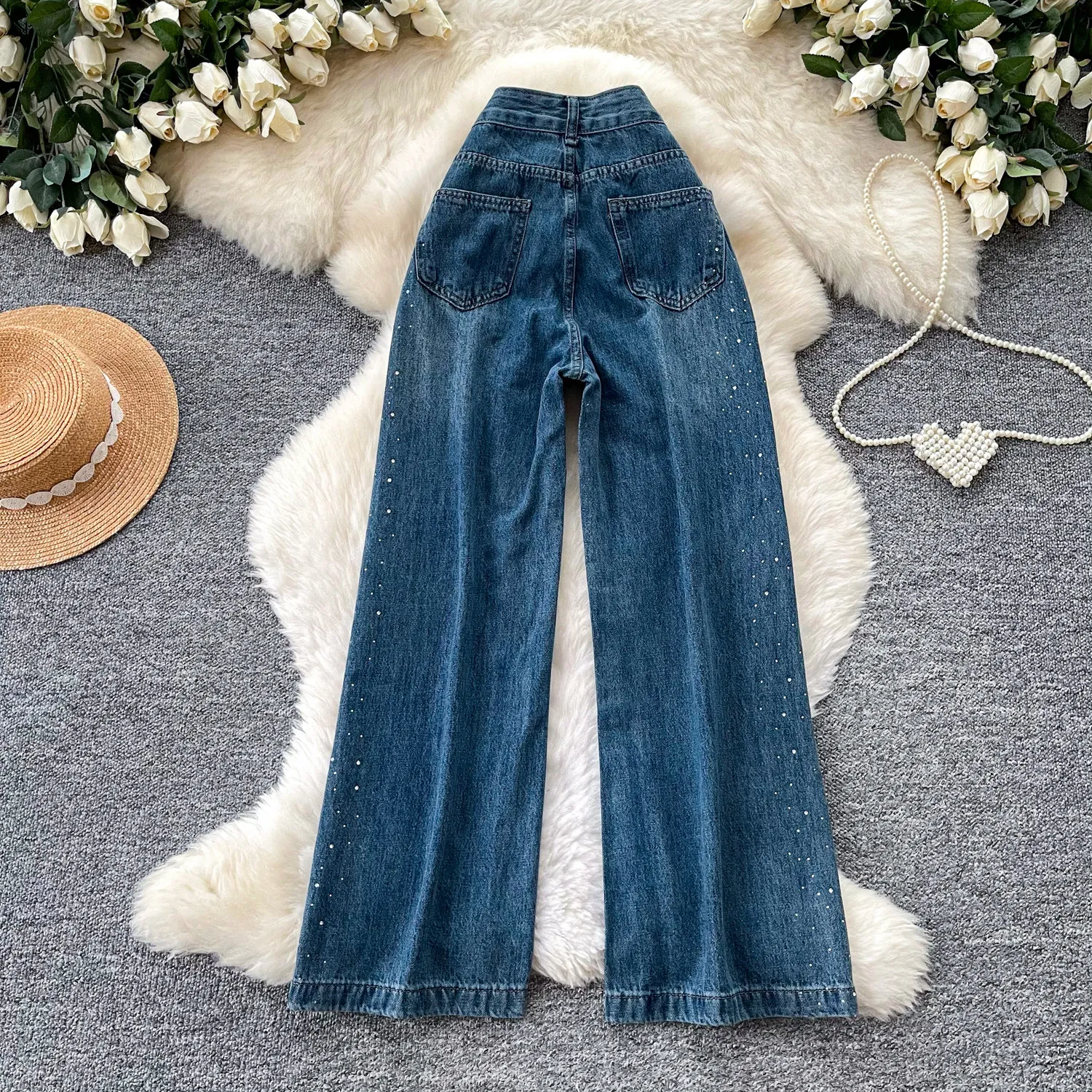 Blue Rhinestone Women's Jeans 2026 Autumn Vintage Commuter High Waist Wide Leg Denim Pants Loose Slim-looking Long Trousers