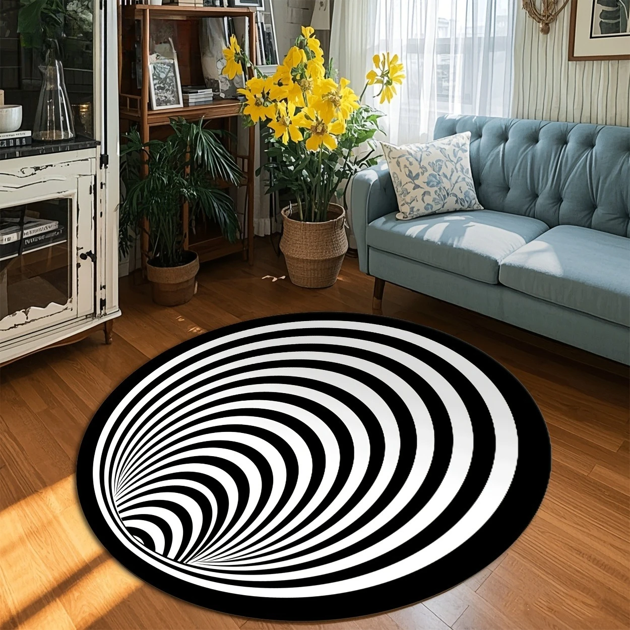 Black and White Spiral Stripe Pattern  Round Rug, Non-slip Floor Mat for Living Room, Bedroom, Bathroom, Holiday Home Decoration