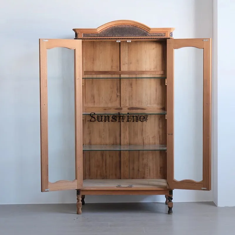French retro solid wood old carving display glass cabinet against the wall rattan home