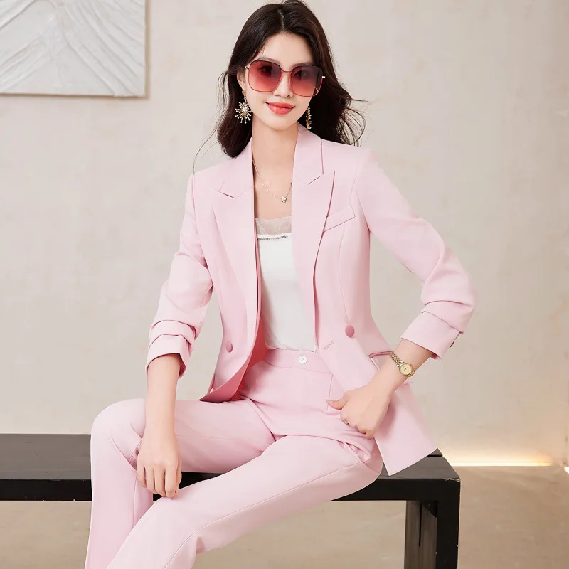 2025 dames Blazer et pantalon costume mode rose blanc Blazer femmes bureau affaires travail veste manteau pantalon femme 2 pièces ensemble