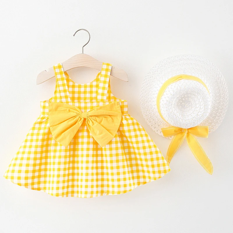 2Piece Summer Toddler Girl Clothes Set Cute Bow Beach Plaid Sleeveless Cotton Newborn Princess Dress+Sunhat Baby Dresses BC2012