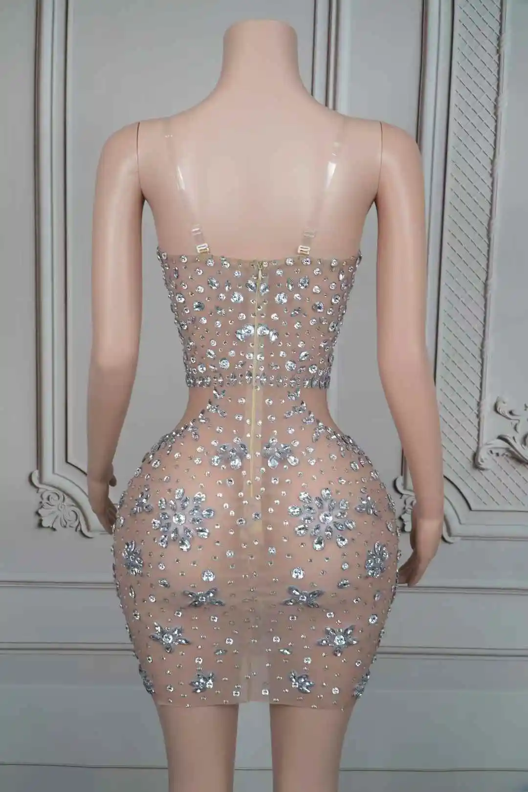 Suknia wieczorowa z błyszczącymi srebrnymi cyrkoniami, seksowna, z siateczki, prześwitująca, bez ramiączek, na czerwony dywan, pokaz mody, urodziny, suknie sceniczne.