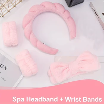 4-piece spa headband and wristband set, knitted design, suitable for face washing, makeup, showering and skin care