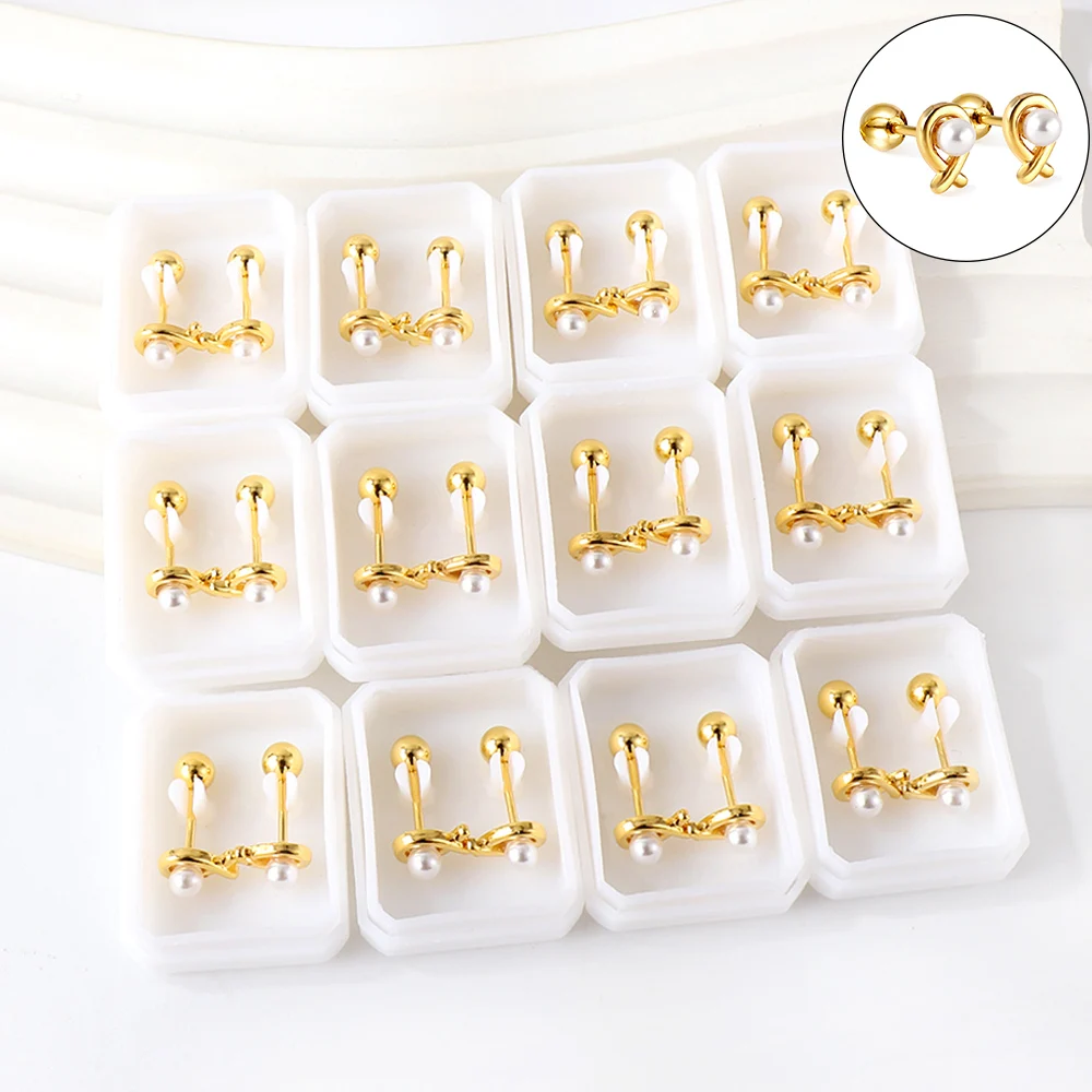 Luxus Stahl Frauen Edelstahl Kugel schraube Stecker Fisch geformte Band weiße Perle Ohrringe Gold Farbe nicht leicht oxidiert Schmuck