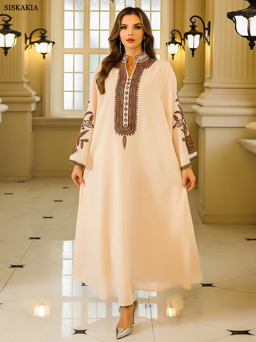 Siskakia Muslim Dubai Woman’s Abayas Embroideried Elegant Fashion Casual Loose Long Dress Moroccan Robe For Femme Musulmane 2024