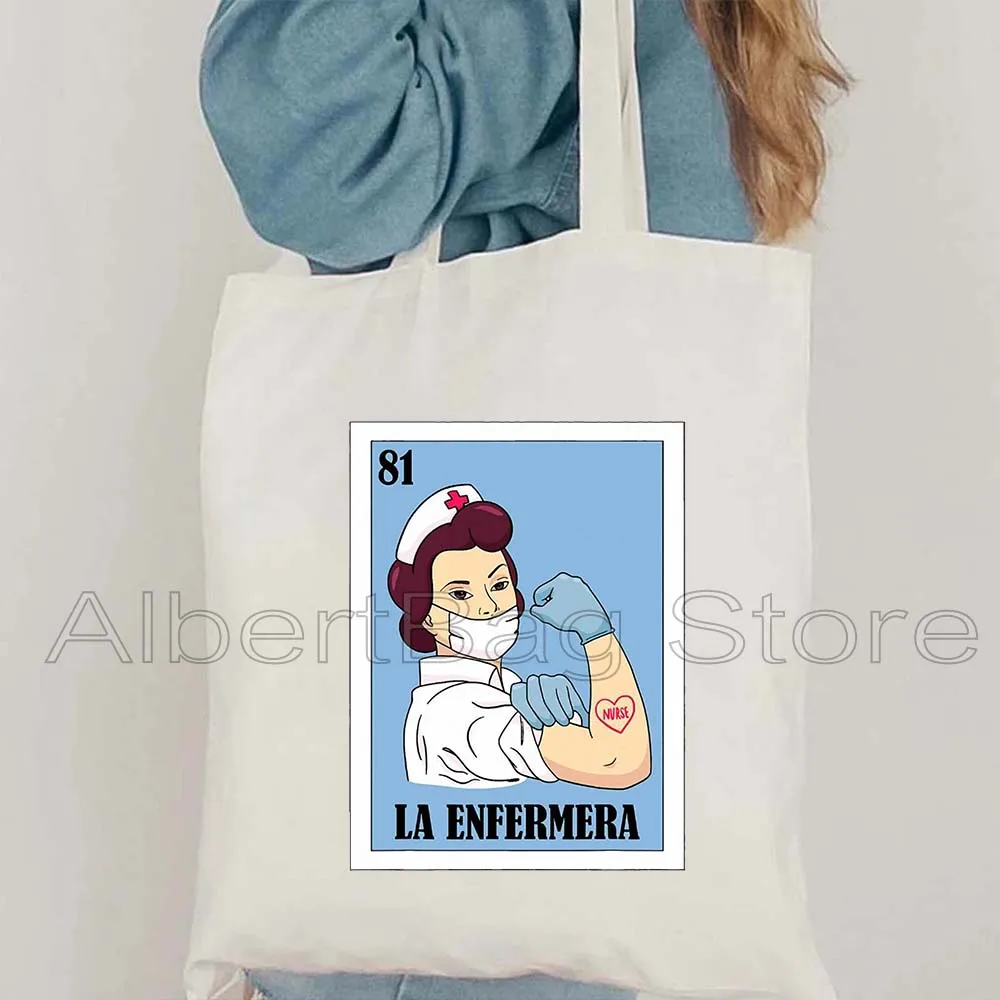 Mexican Lottery Gifts Spanish Bingo Girls Doll White Dove La Chingo Nurse La Chingona LGBT Cute Canvas Tote Bag Shopping Handbag