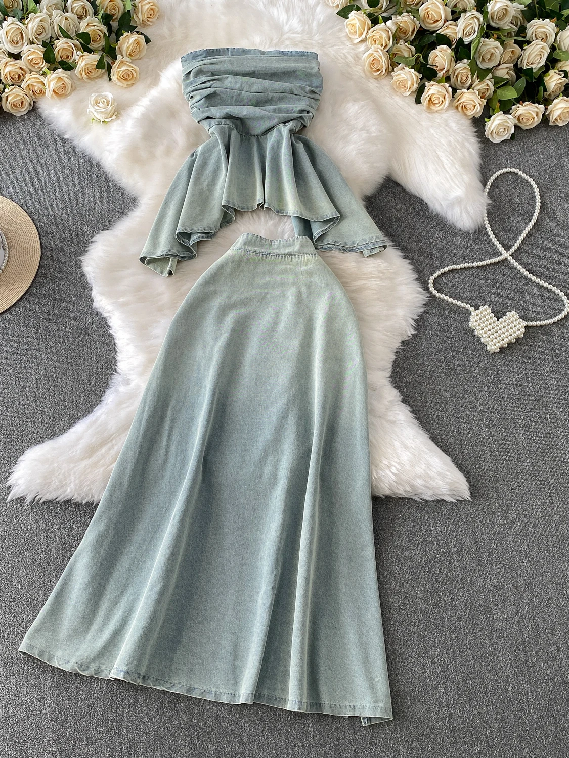 

American Retro Pleated One oulder Denim Vest Asymmetrical Slimming Top f Skirt Two Piece Set Women's Faion Ensemble