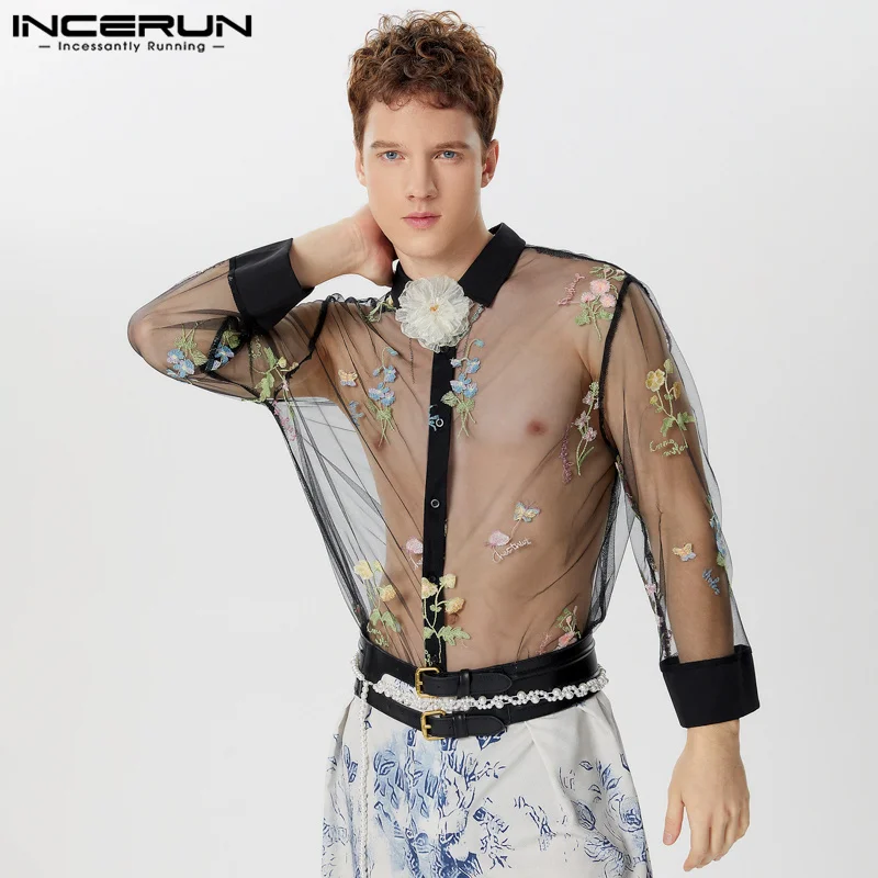 INCERUN Tops 2024 American Style Sexy Men Perspective Jacquard Lace Design Shirts Casual Clubwear Thin Long Sleeved Blouse S-5XL