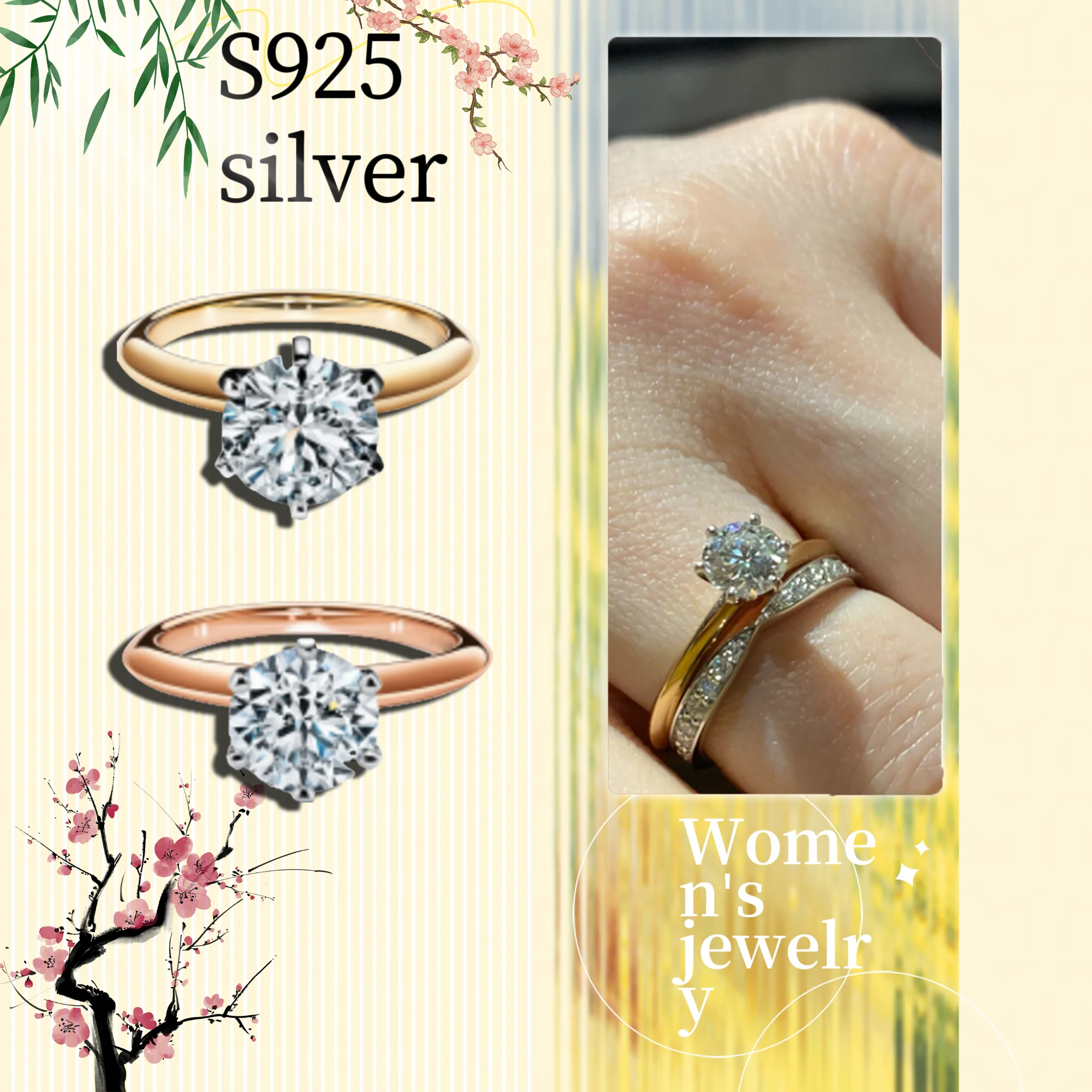

Pure silver S925T home style women's jewelry, American round inlaid sweet proposal ring, give your wife a luxurious gift