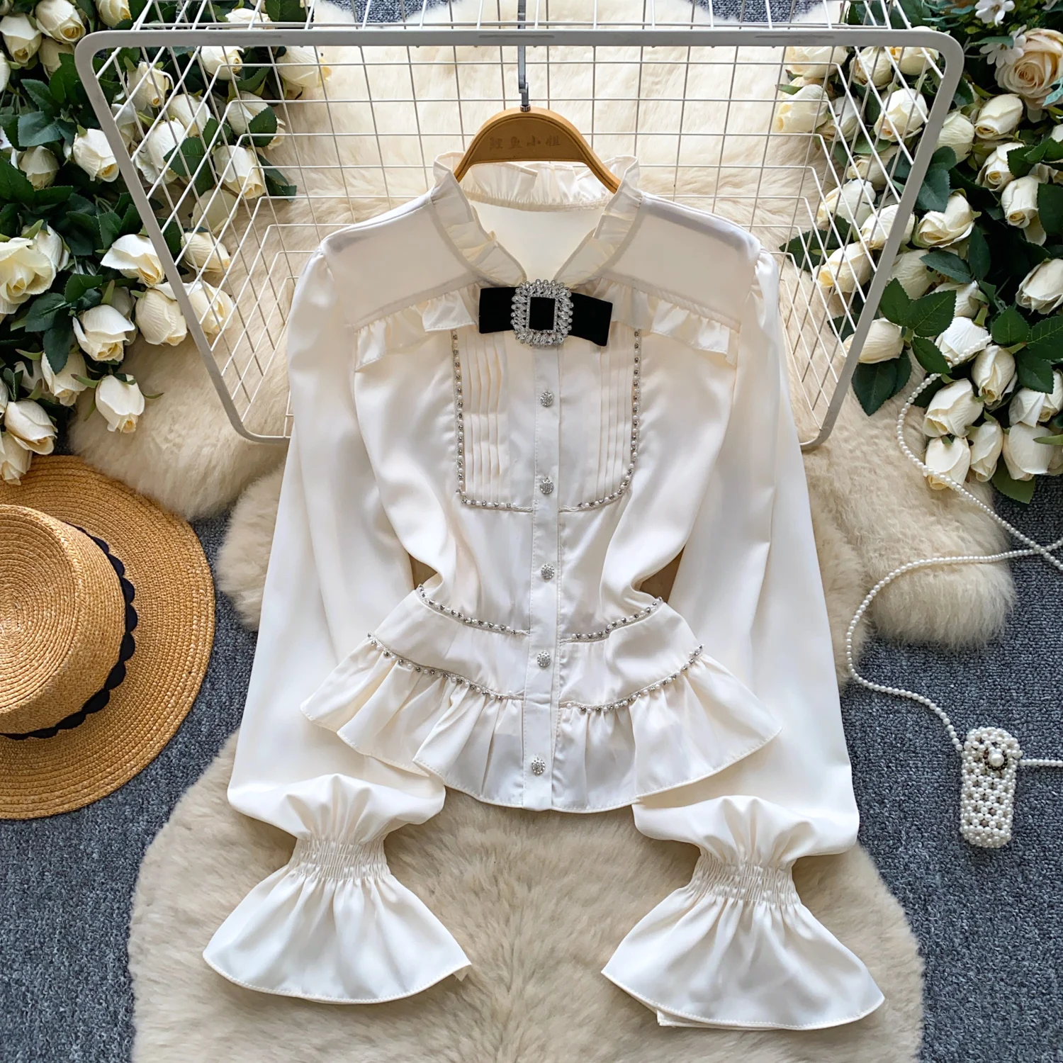 

Y2k Goth Spice Girl blouse Long Sleeve flare sleeve Women Single Breasted satin Female Slim Tops women clothing