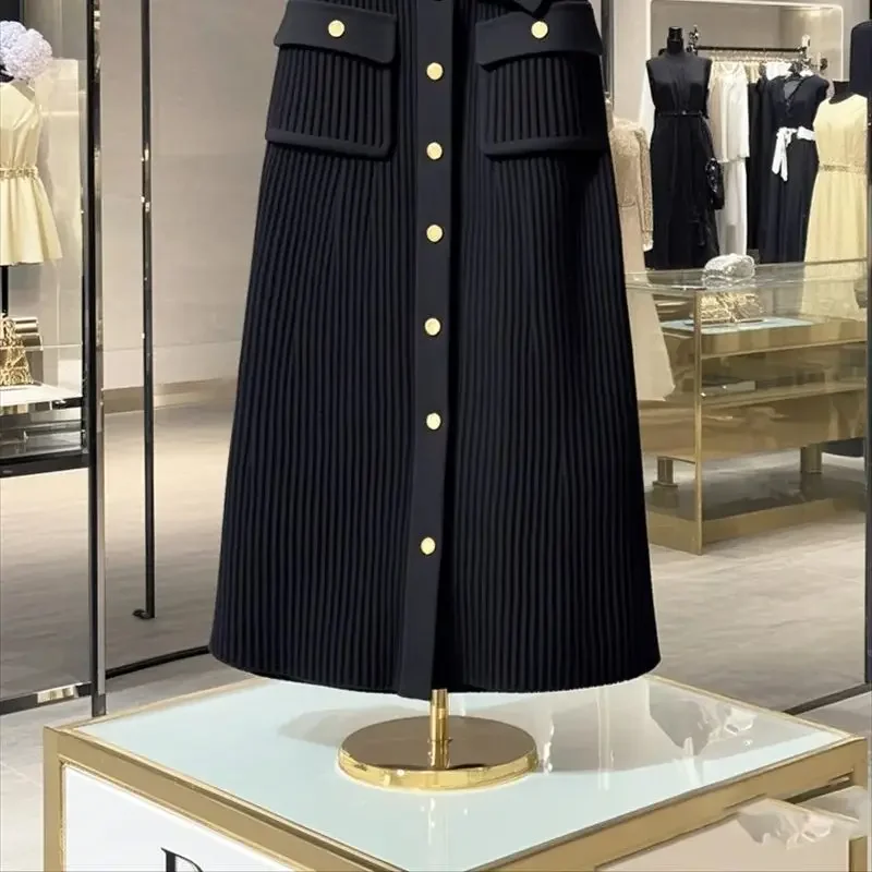 Elegant Office Lady High Waist Wrapped Knitted Skirts Autumn New Fashion Single Breasted Slim Temperam Wool Midi Skirt