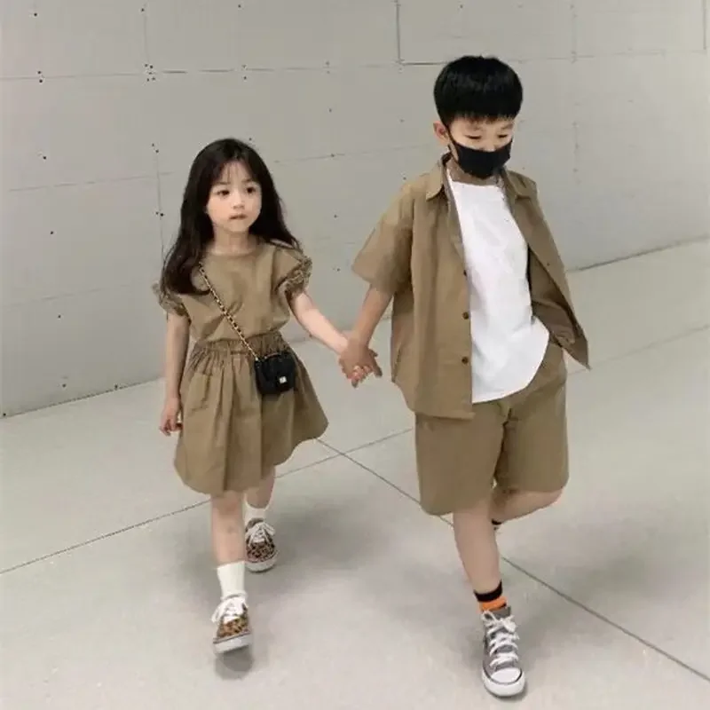 2022 Summer Kids Clothes Sets Brother Sister Matching Outfits Korean Children Clothing Suit Girls Blouse+Skirt Boys Shirt+Shorts