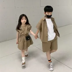 2022 Summer Kids Clothes Sets Brother Sister Matching Outfits Korean Children Clothing Suit Girls Blouse+Skirt Boys Shirt+Shorts