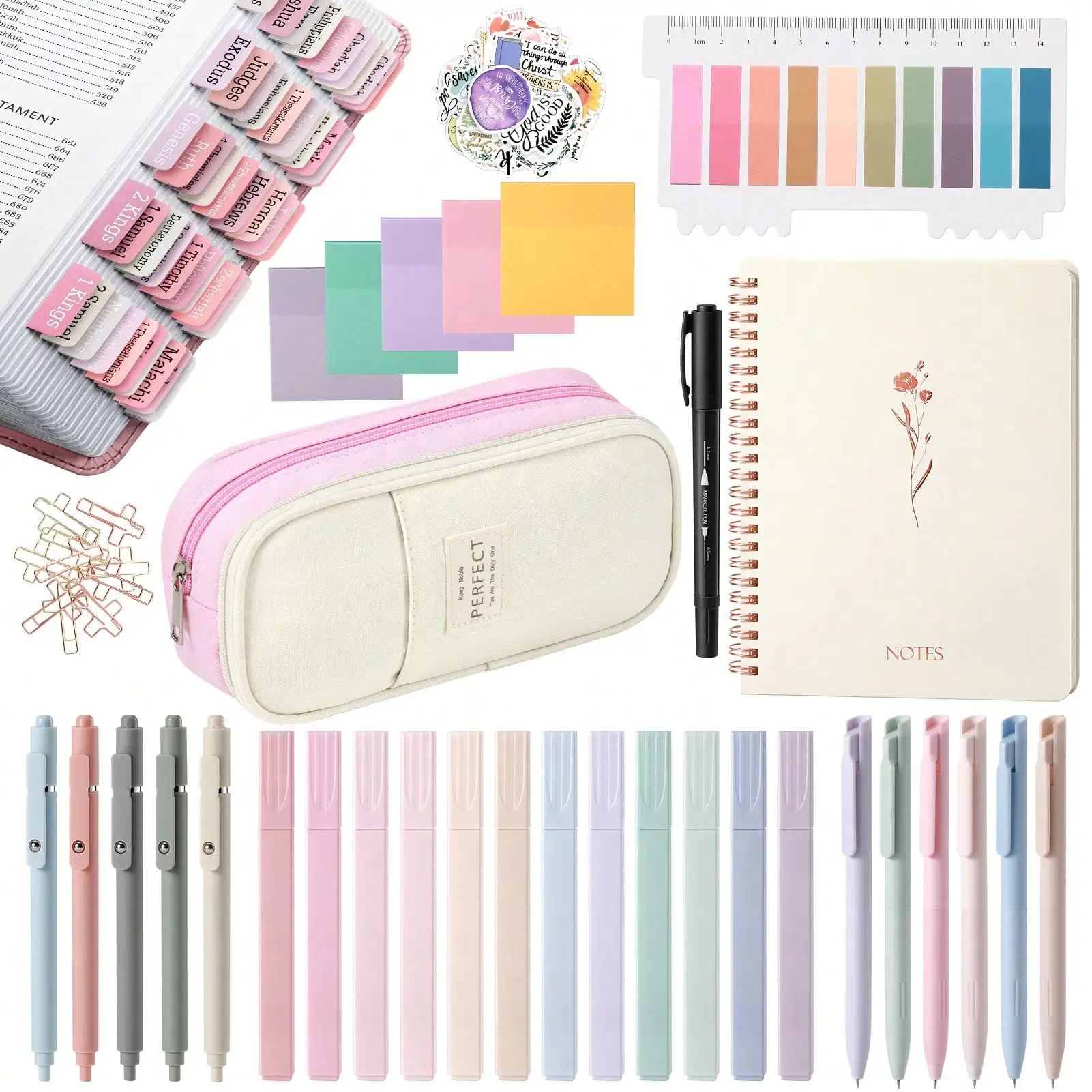 Bible Journaling Kit Complete Bible Study Supplies Set, Pastel Highlighters Bible Tabs Sticky Notes Notebook Pen Pouch Stickers Paper Clips, Christian Religious Gift for Women Beginner Church Group